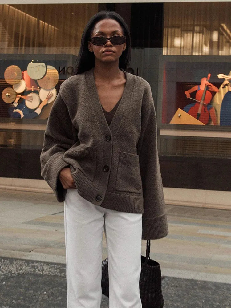 nvxiot - Women's Classic Brown Red V-neck Knitted Cardigan Fashion Single Breasted Loose Long Sleeve Sweater Autumn New Street Knitwear
