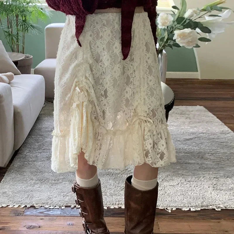 MQTIME - Y2K Beige Fairycore Asymmetrical Lace Trim Shirring Skirts Tie Bow Women @E-girl 2000s Grunge Aesthetics Korean Cloth Harajuku