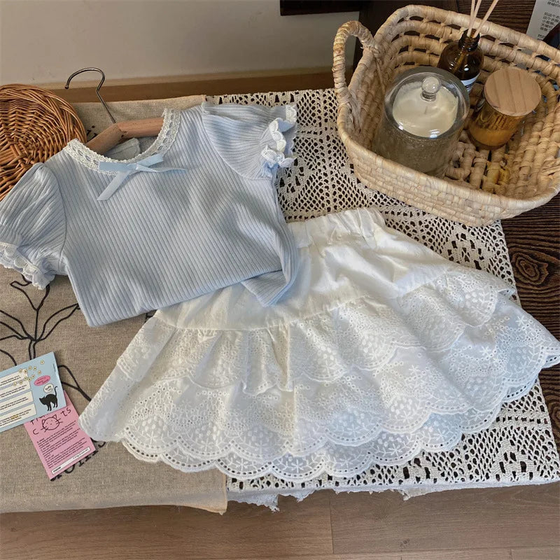 MQTIME - 2024 Summer 2-6Y Girl Clothes Set Cotton Ribbed Knotbow Ruffle Sleeve Kid Girl Top Suit Lace Elastic Waist Skirt Kid Girl Outfit