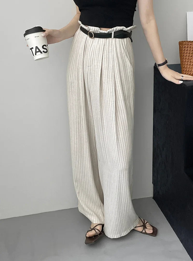 nvxiot - Stripe Linen Cotton Long Pant Women High Waist Wide Leg Pants