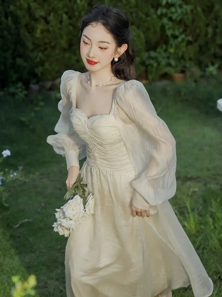 MQTIME - French Sweet High Grade Waist Slimming Bubble Sleeve Vintage Dress for Women Spring Square Neck Gentle Style A-line Long Dresses