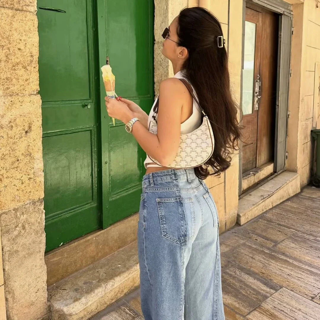nvxiot - Women's 2024 Summer New Fashion Trendy High Street High Waist Contrast Color Splicing Straight Leg Jeans 5862/072