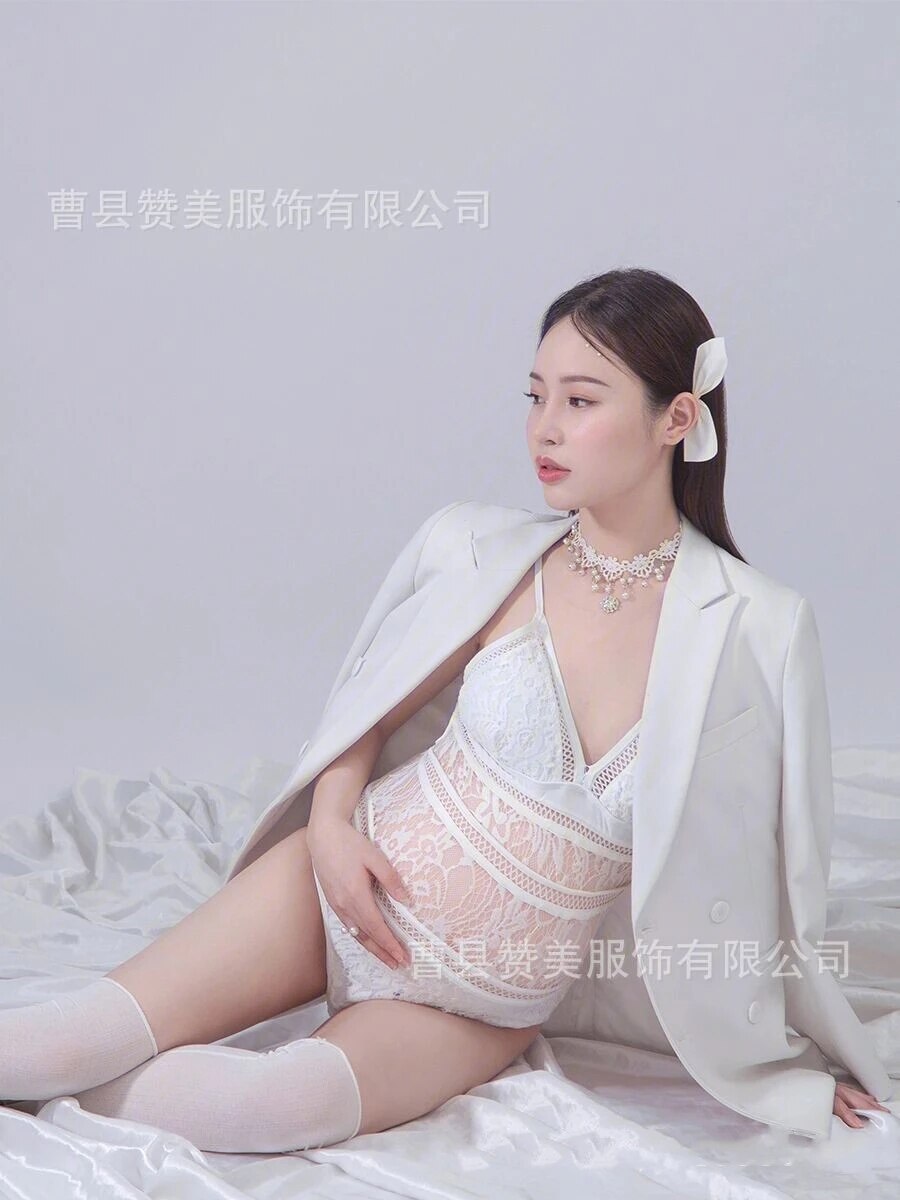 nvxiot White Lace Fancy Maternity Bodysuit + Coat Photography Pregnancy Shoot Dresses Clothes Pregnant Women Sexy Maxi Gown Photo Props