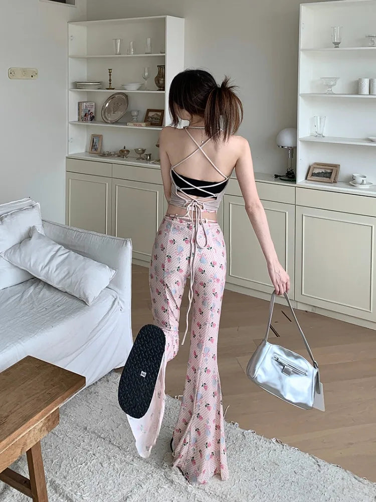 nvxiot - 2024 New Summer Y2k Style Long Pants for Women Spicy Girls Flower Printed Pink Trouses Chic High Waist Slim Flare Pantalones