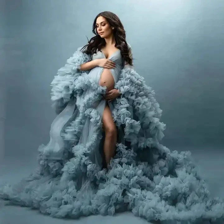 nvxiot - Real Image Floral Ruffled Bridal Maternity Dress Sexy Slit Elastic Maternity Dresses Photoshoot Baby Shower Baby Shower