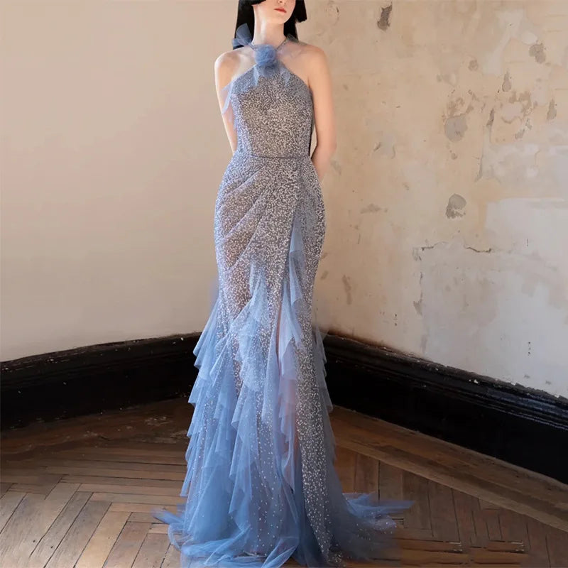 MQTIME - Women Blue Beading Prom Gowns Formal Halter Long High Split Evening Gowns Vestido De Fiesta