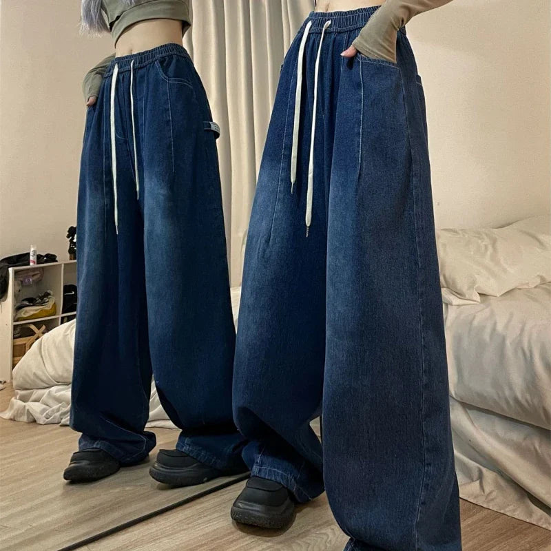 nvxiot - Elastic Waist Oversized American Trouser Denim Wide Leg Streetwear Straight Basic Pants Y2k Spring Women Vintage Baggy Jeans