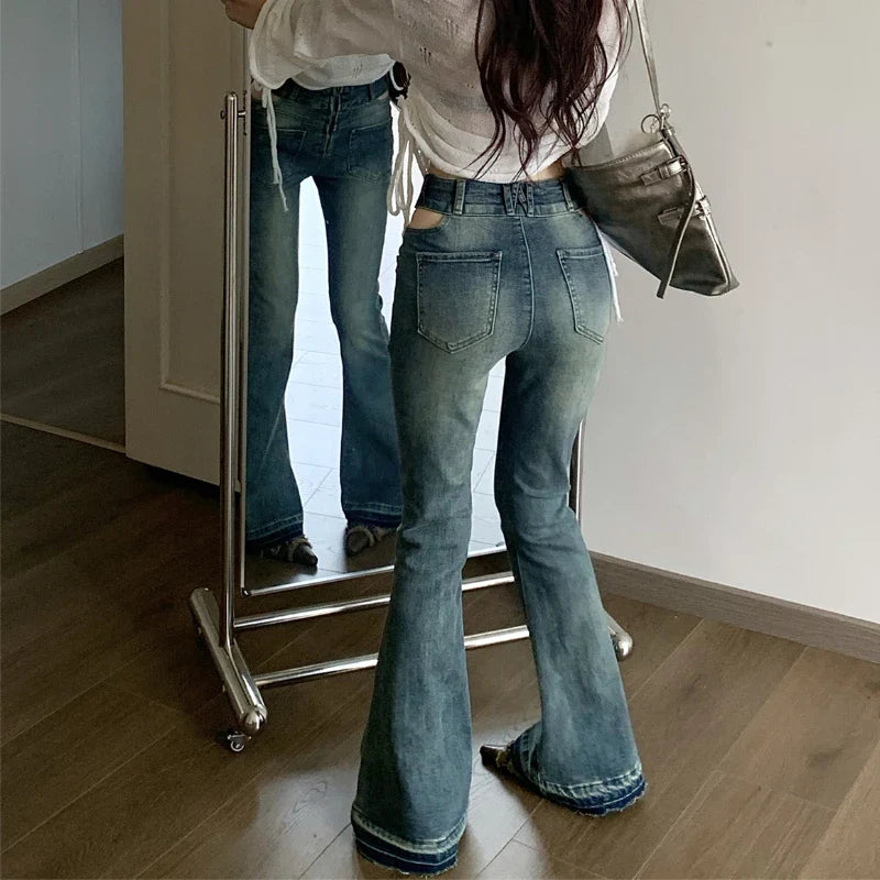 nvxiot Low Waist Hollow Y2K Sexy Slim Distressed Jeans Women Autumn New High Street Fashion All Match Washed Wide Leg Pants