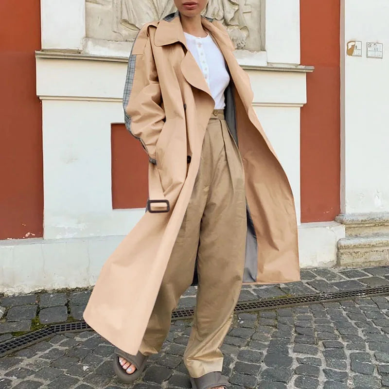 MQTIME - Fashion Causal Light Tan Autumn Winter Trench Windbreaker Split Joint Elegant Long Sleeve Coat Plaid Long Women Coat with Belt