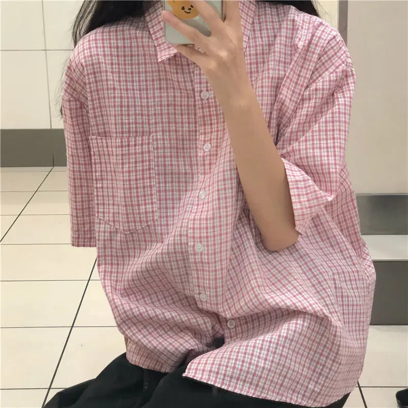 nvxiot - women summer casual plaid short sleeve blouse female oversize Japanese sweet botton shirts lady