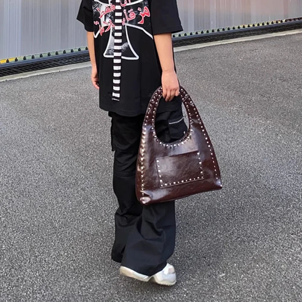 nvxiot - 24 new retro rivet decorative shoulder bag European and American motorcycle wind oil wax leather armpit handbag for women