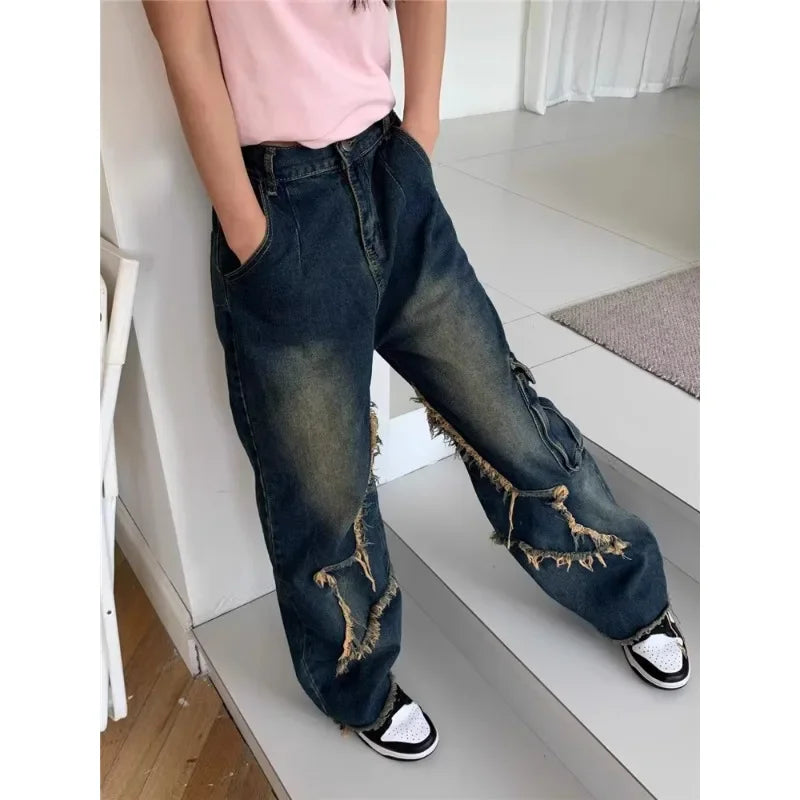 nvxiot Vintage Frayed Star Y2K Splicing Casual Jeans Women Winter New High Waist Distressed Washed Loose Denim Wide Leg Pants