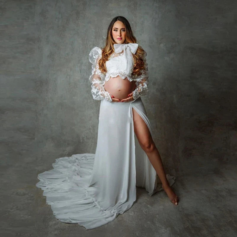 nvxiot - Shrugged Sleeves Maternity Photography Dress Fashionable Half High Neck Lace Chiffon Maternity Photography Photo Set Dresses