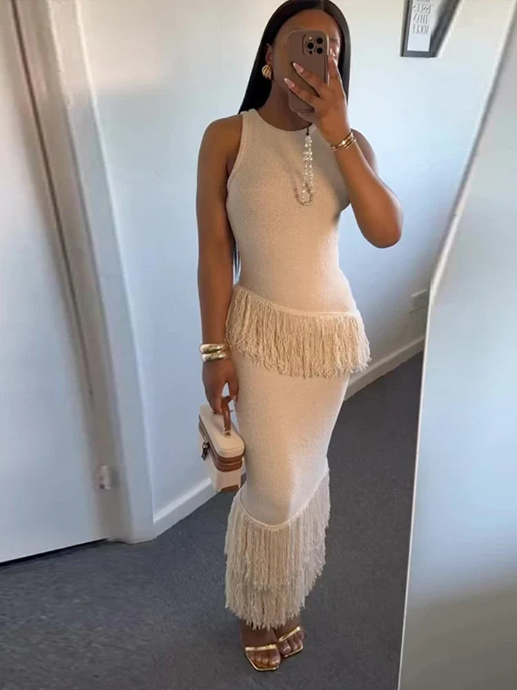 MQTIME - Elegant Solid Fringe Women Skirt Suits O-neck Sleeveless Vest High Waist Wrap Hip Skirts 2024 Summer New Fashion Female Sets