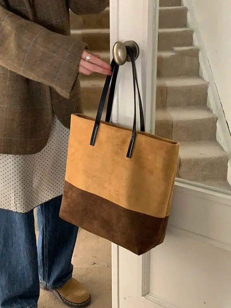 MQTIME - Vintage Brown Large Capacity Tote Bag Women Retro High Street Suede Patchwork Handbag Ladies Harajuku Shoulder Bags Chic
