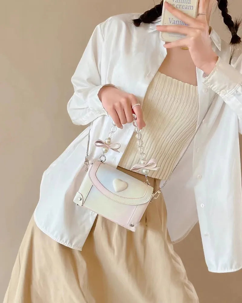 nvxiot - Sweet Pink Messenger Bag Women Fairycore Aesthetic Handle Pearl Chain Crossbody Bags Ladies Harajuku Heart Y2k Hand Bag