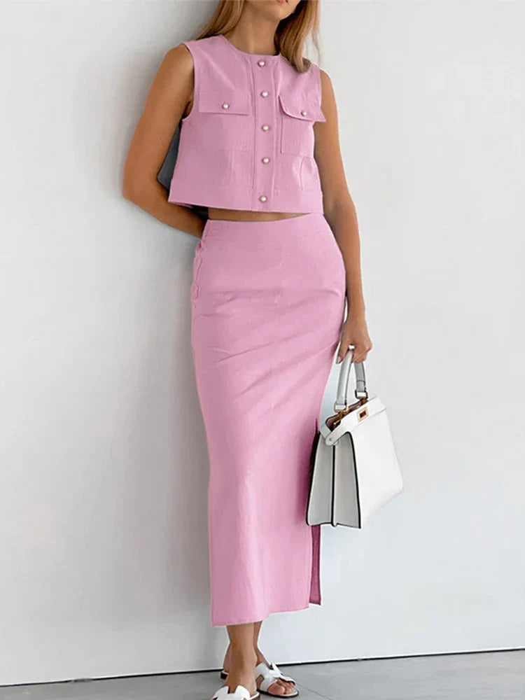 MQTIME - Elegant Two-piece Skirt Suit Women Casual Single Breasted Tops Elastic Waist Midi Skirt 2024 Summer Office Lady Slim Fit Outfits