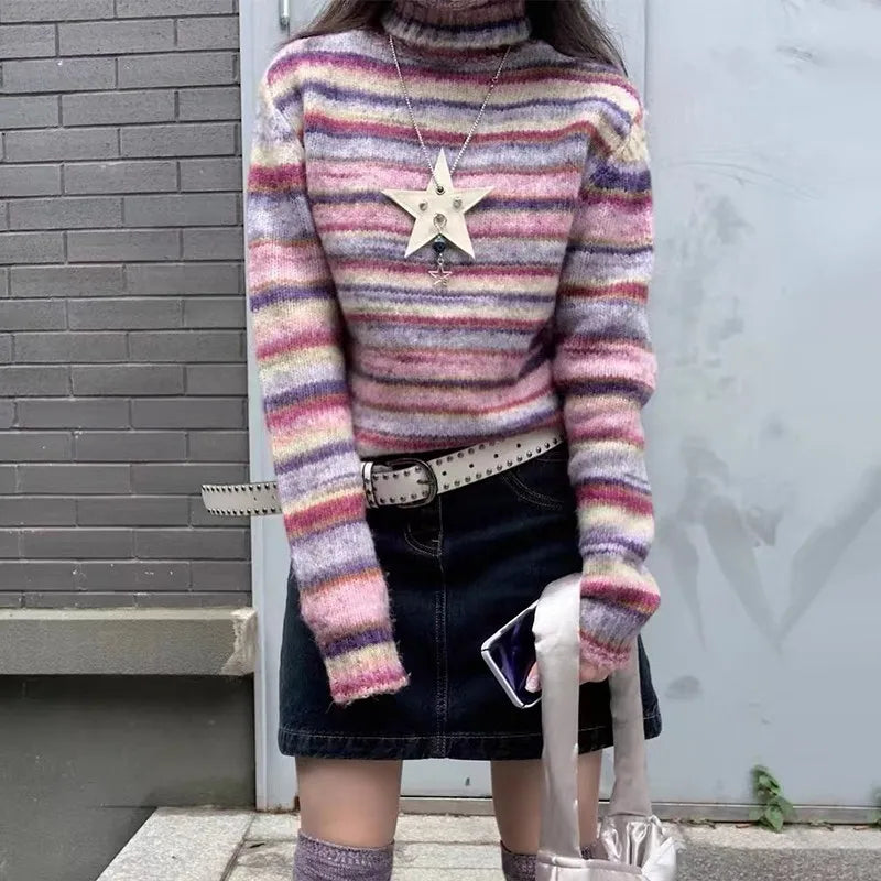 nvxiot - Japanese Y2k Turtleneck Sweater Vintage Rainbow Striped Pullover Korean Fashion Knitted Jumper Harajuku Grunge Knitwear