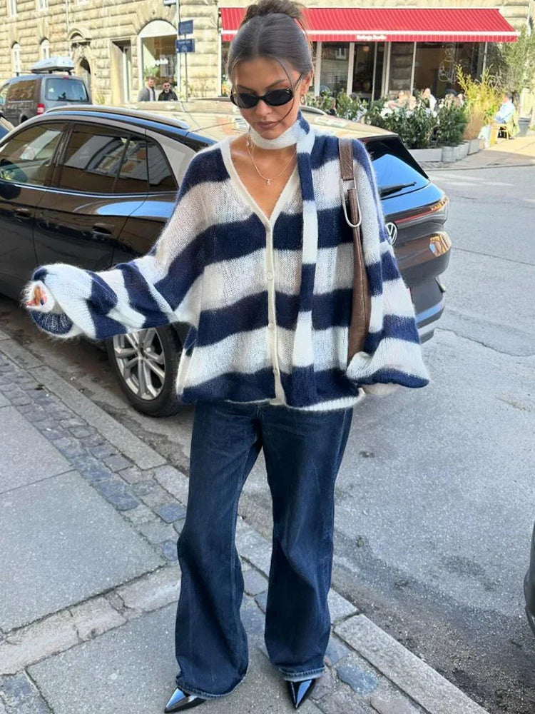 MQTIME - V-Neck Scarf Sweater Cardigan Female Contrast Casual Patchwork Autumn Hollow Out Outwear Women's Knitwear Coat Cardigan