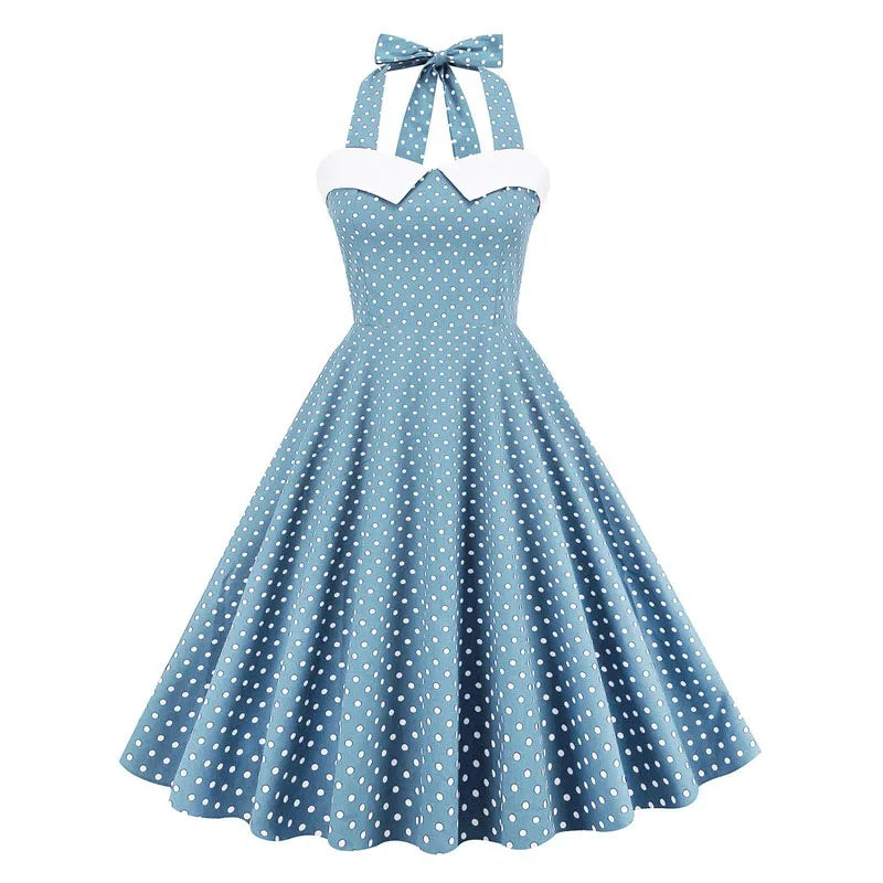 MQTIME - Women Red Polka Dot Party Halter Dress Vintage 50s Rockabilly Hepburn Elegant Strapless Swing Retro Short Midi Tunic Pinup Dress