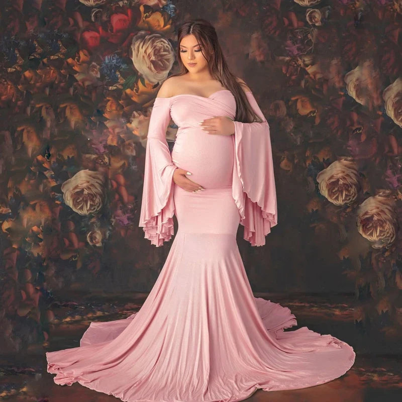 nvxiot - Silk Cotton Maternity Photography Dresses Solid V-neck Ruffle Edge Sleeve Taildress Long Soft Cozy High Waisted Retro Long Dress