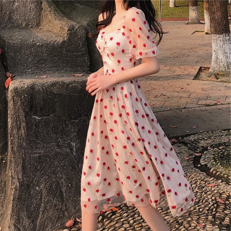 nvxiot Summer Strawberry Dress Embroidery Sexy Square Collar Midi Dresses Casual Short Sleeve Beach Party Dress Femme Vestidos Robe