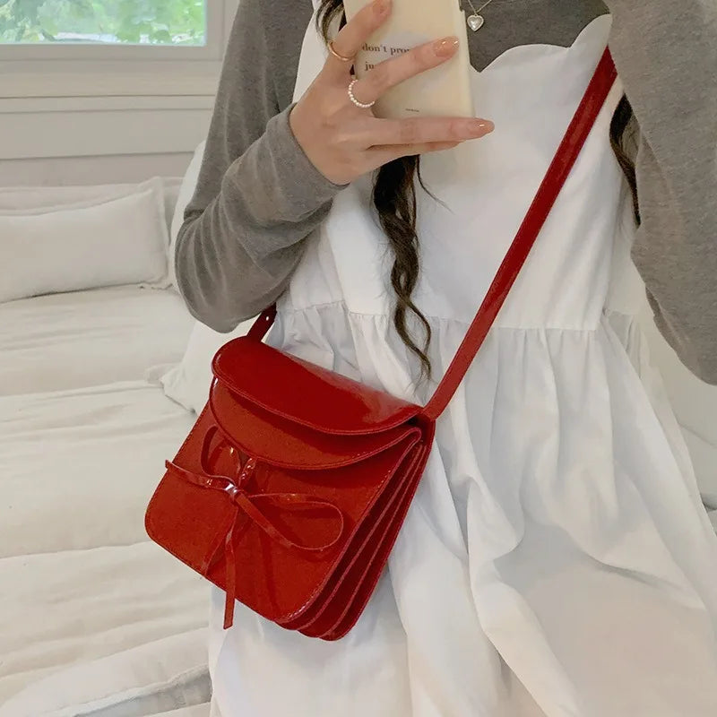 nvxiot - Red Fashion Womens Shoulder Bag Small Vintage Korean Style Elegant Sweet Bow Crossbody Bag Square Designer Ladies Handbag