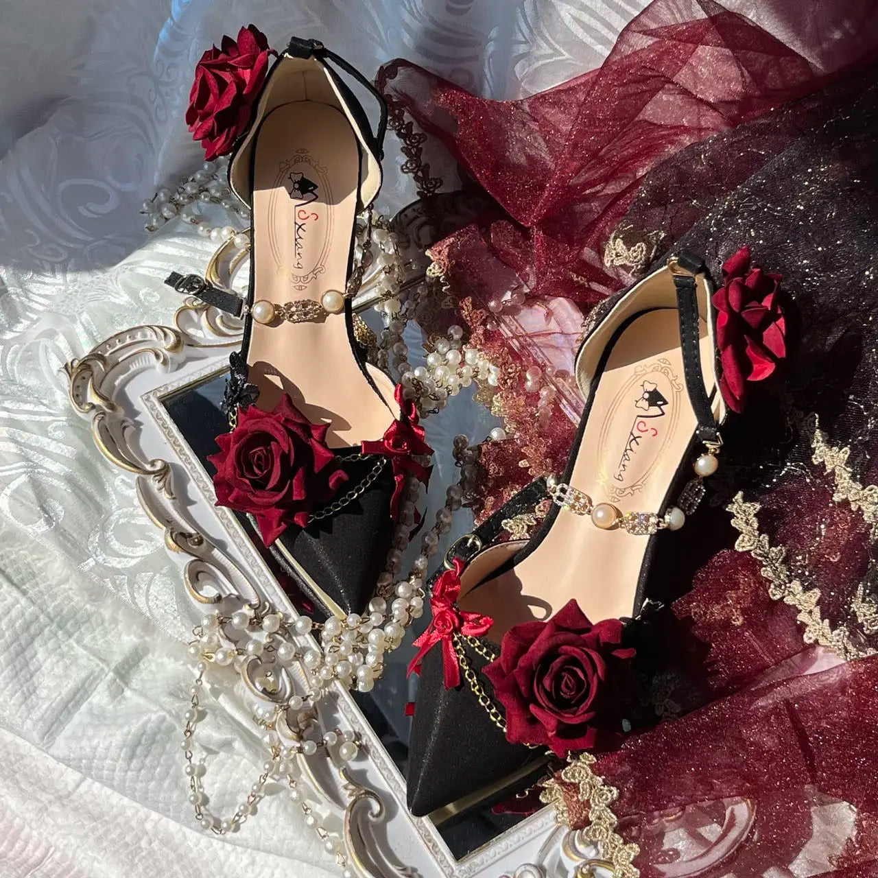 MQTIME - Black Red Gothic Lolita Shoe Wedding Lolita High Heels For Ladies Rose pointed toe dress shoes for womenluxury shoes sss grade