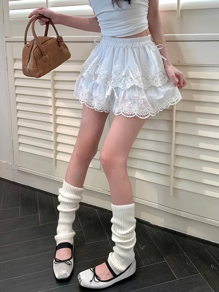 MQTIME - White Lace Mini Skirt Women Ballet Style Bow Kawaii High Waisted A-line Skirt Summer Fashion Cutecore Girl Clothing New