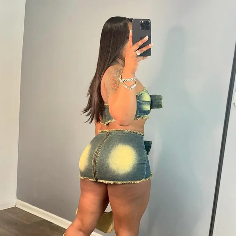nvxiot - Women Sexy Denim Tassel 2 Piece Set Grommet Buckle Belt Strapless Crop Tops + Mini Skirts High Stretch Streetwear Jeans Suits