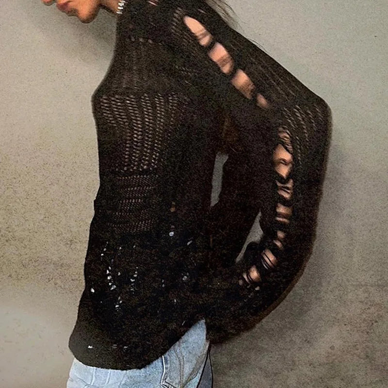 MQTIME - Chic Tattered Sweater Women Fashion Loose Long Sleeve Tops Lazy Style Hollowed Out Thin Perspective Black White Ripped Pullover