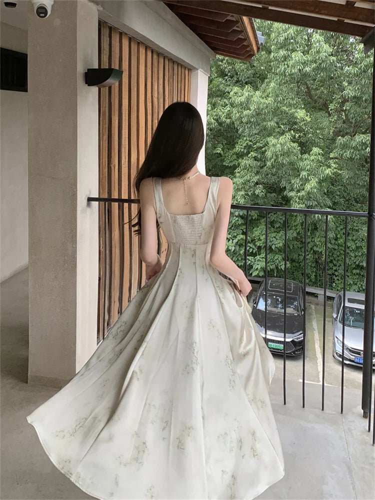 nvxiot - New Elegant Satin Sling Dress for Women Summer 2024 Sleeveless Spaghetti Strap Square Neck Slim Vintage Female Print Dresses