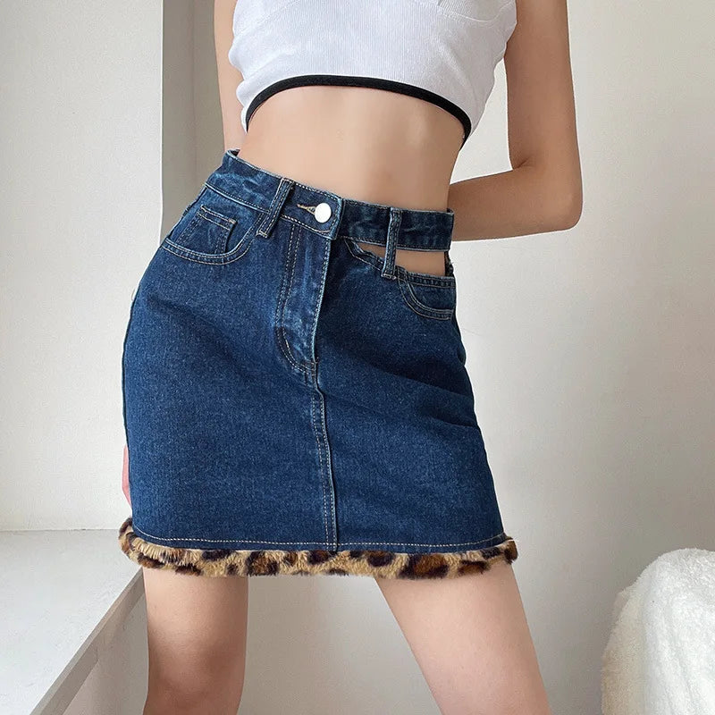 nvxiot - Fashion Blue Denim Skirt Female 2024 Leopard Print Frayed Design Sense Hollow Hole High Waist Slim Bag Hip Skirt Women Clothes