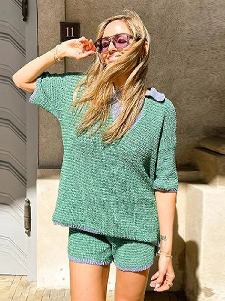 nvxiot - Knitted Contrast Top Set Women Green Lapel V-neck Pullover High Waist Short Pants Suit Female 2024 Autumn Casual Chic Outfit