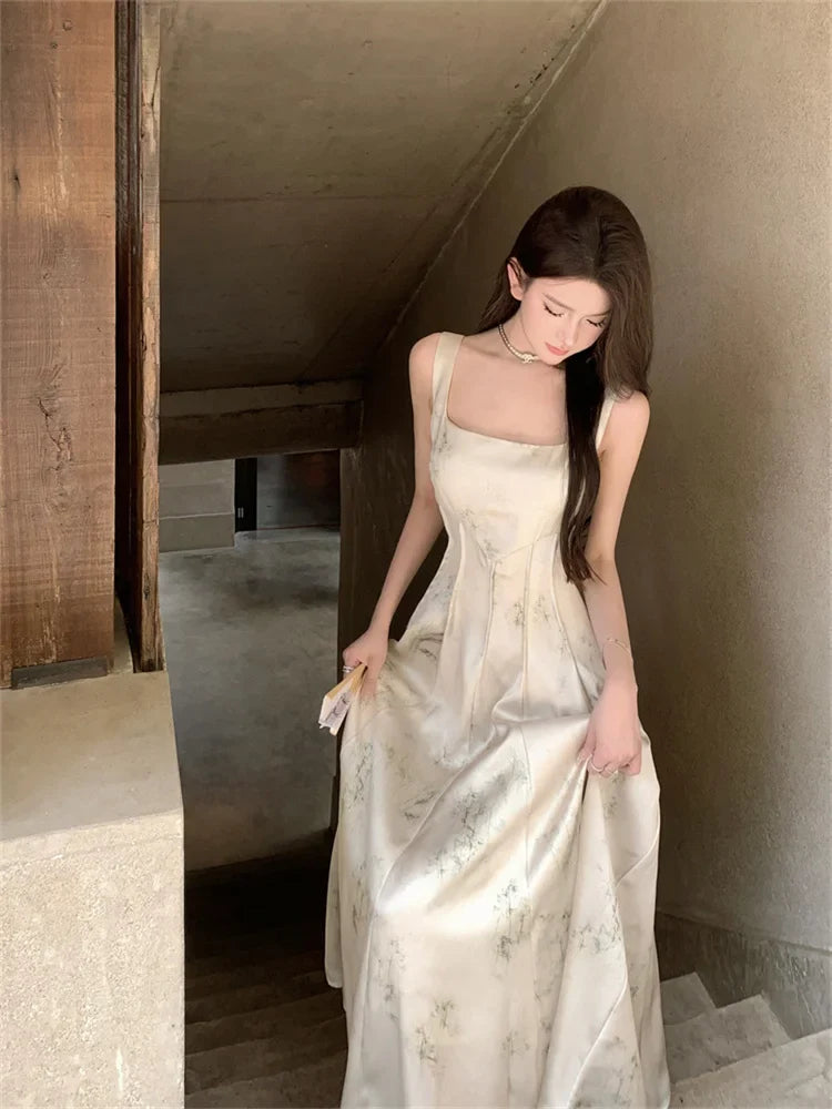 nvxiot - New Elegant Satin Sling Dress for Women Summer 2024 Sleeveless Spaghetti Strap Square Neck Slim Vintage Female Print Dresses