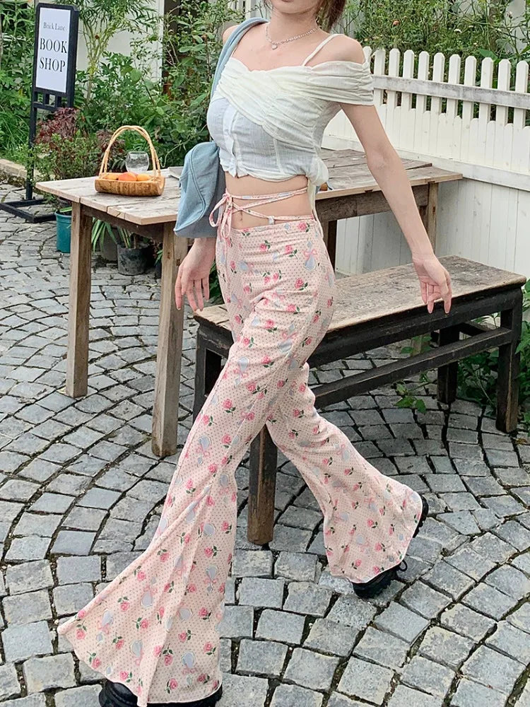nvxiot - 2024 New Summer Y2k Style Long Pants for Women Spicy Girls Flower Printed Pink Trouses Chic High Waist Slim Flare Pantalones