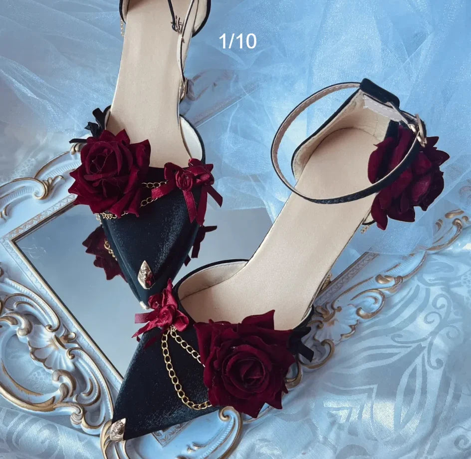 MQTIME - Black Red Gothic Lolita Shoe Wedding Lolita High Heels For Ladies Rose pointed toe dress shoes for womenluxury shoes sss grade