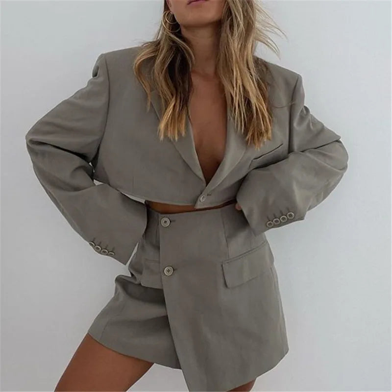 MQTIME - New Fashion Women Elegant Cottagecore Blazers Solid Colors Single Button Long Sleeve Short Blazers Sexy Mini Skirts Indie