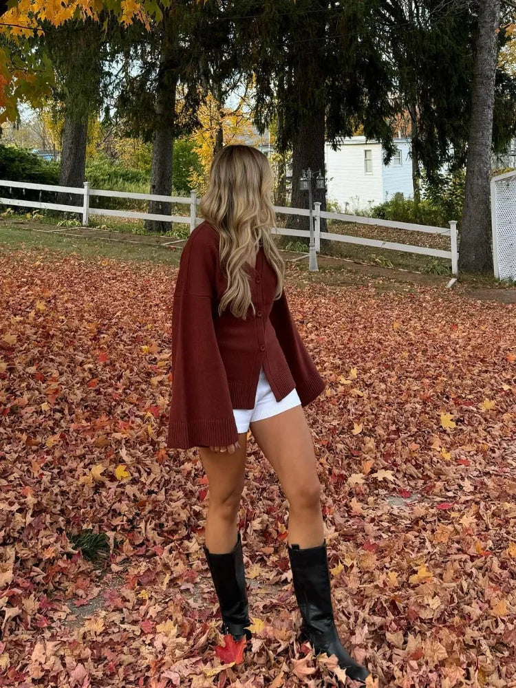 nvxiot - Women's Classic Brown Red V-neck Knitted Cardigan Fashion Single Breasted Loose Long Sleeve Sweater Autumn New Street Knitwear