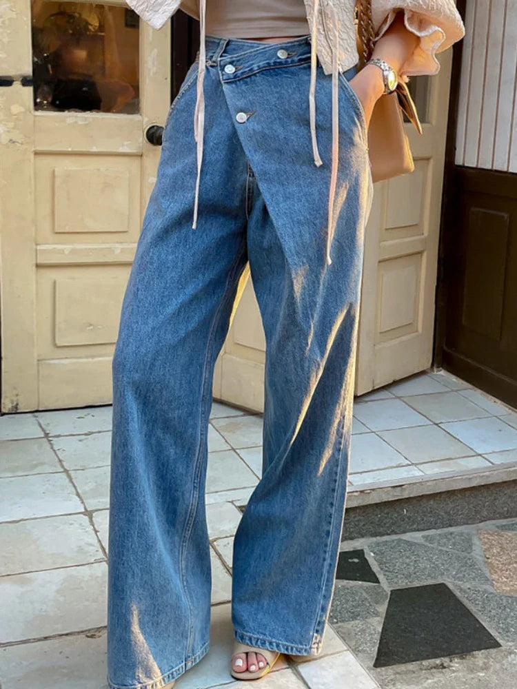 nvxiot - Women Vintage Korean Jeans Long Pants Spring Summer High Waisted Diagonal Buckle Loose Straight Leg Pants Baggy Casual Trousers