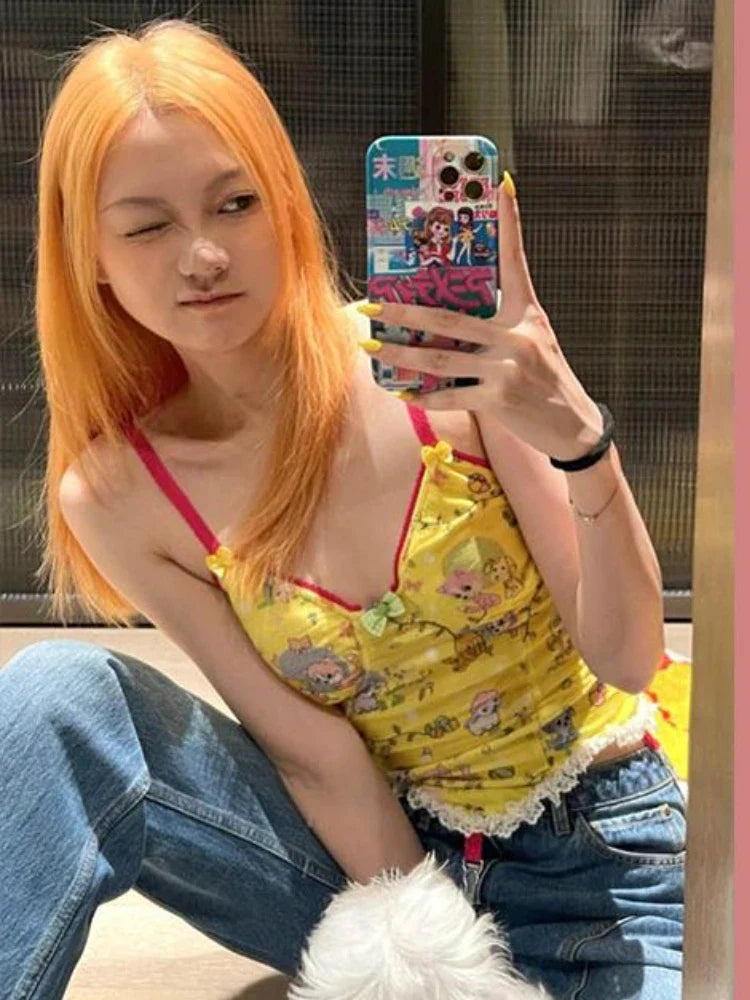 nvxiot - Dog Print Halter Vest Female Summer Slim Age Reduction Y2k Crop Top Lace Splicing Sling Top Korean Fashion Ropa De Mujer