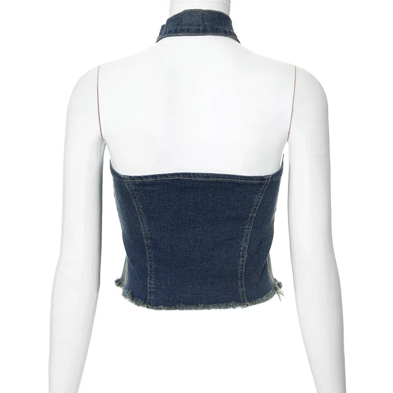 nvxiot - Women Fashion Vintage Denim Tank Crop Tops Front Zipper Split Belt Halter Backless Tassel Jeans Vests Casual Y2k Streetwear
