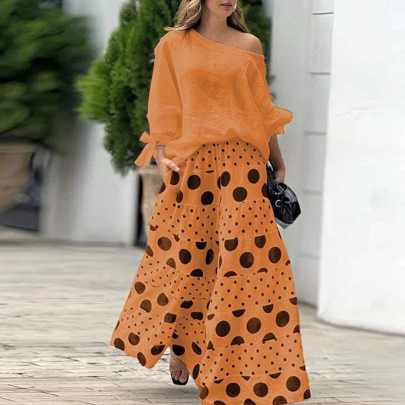MQTIME - Fashion High Street Outfits Casual Diagonal Neck Hollow Top with Wide Leg Pants Sets Summer Loose Polka Dot Printed Women Suit