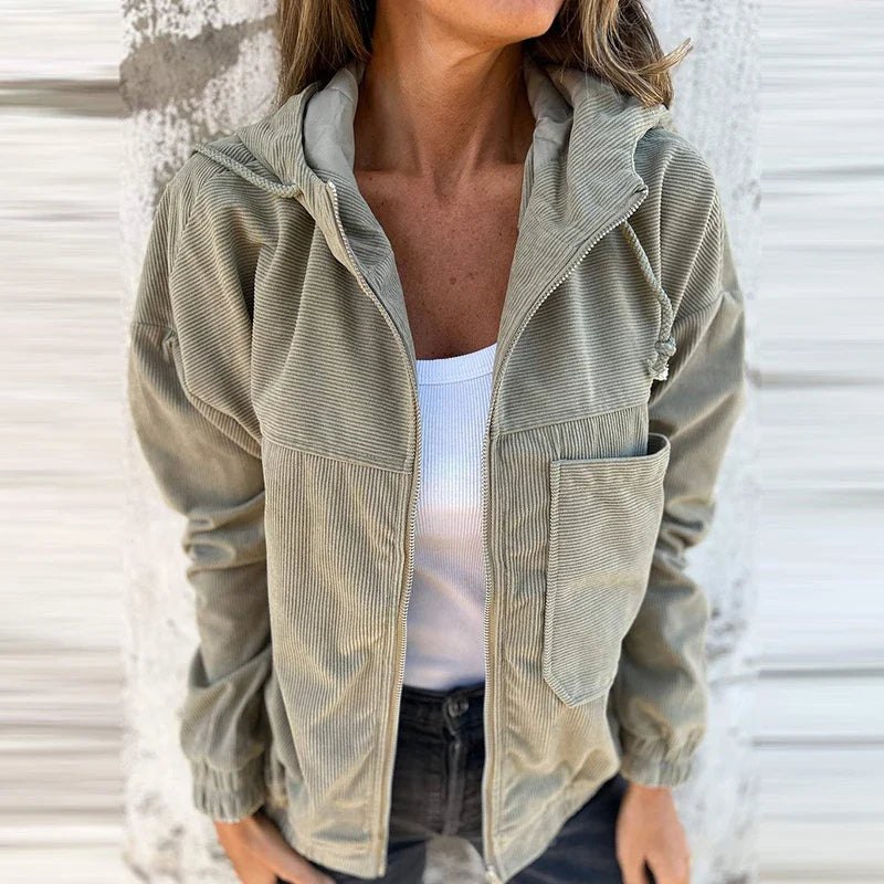 MQTIME - Casual Pocket Long Sleeved Commuter Outerwear New Simple Solid Color Corduroy Jacket Autumn Vintage Zipper Hooded Women's Coat