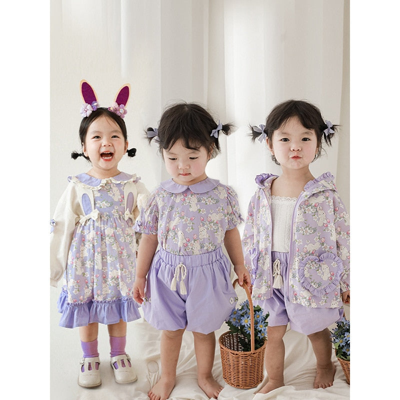 nvxiot Girls' Purple Rabbit Series Suit Spring Shirt Children's Fresh Coat Top Baby Skirt Shorts