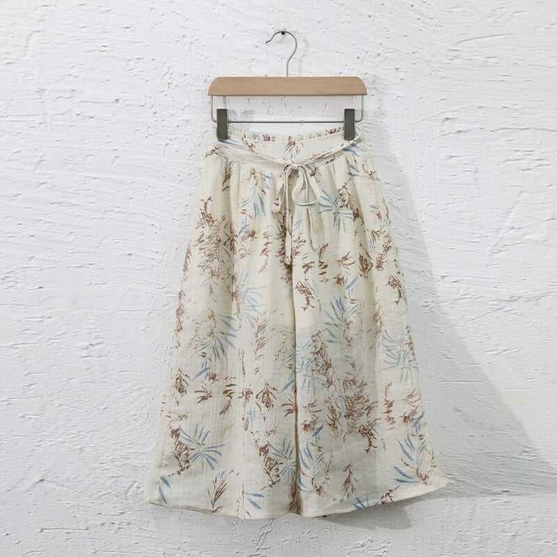 nvxiot Vintage 100% Linen Flower Print Girls Wide Leg Pants 2022 Summer New Children's Elastic Waist Casual Loose Trousers TZ080