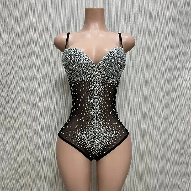nvxiot - Fashion New Sexy Black Mesh Shiny Crystals Maternity Wear Short Elegant Jumpsuit For Women Commemorative Art Photo