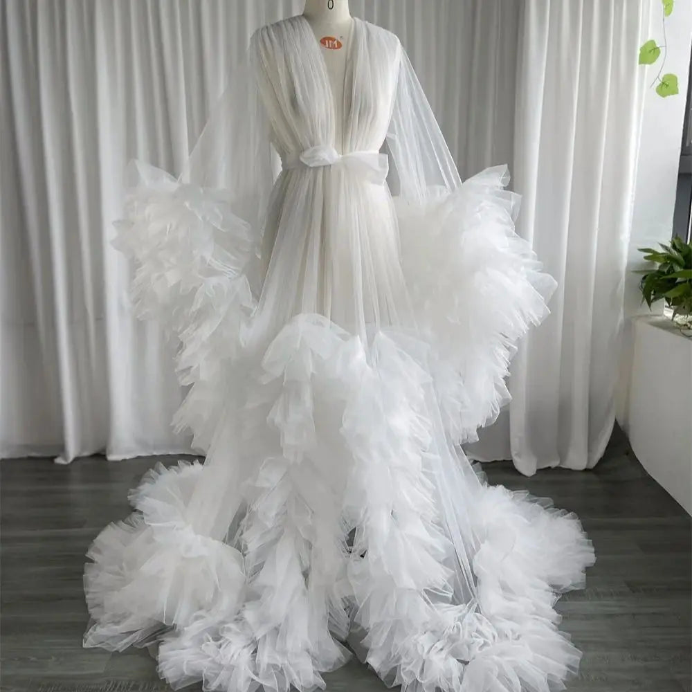 nvxiot - White Bridal Robe Maternity Dresses Women Long Tulle Bathrobe Dress Photo Shoot Birthday Bride Wed Fluffy Party Sleepwear