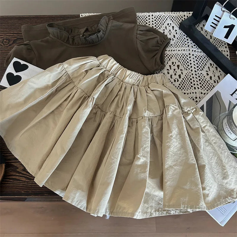 MQTIME - 2024 Korean Summer Children Girl 2PCS Clothes Set Bubble Short Sleeve Undershirt Solid Versatile Pleated Skirt Baby Girl Outfits
