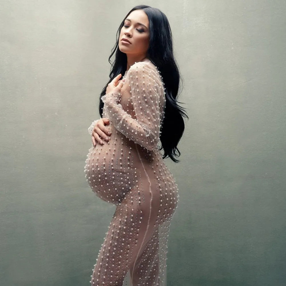 nvxiot - Mesh See Through Maternity Photography Long Dresses Pearl Transparent Tulle Pregnancy Photo Shoot Dress For Women Gown Party